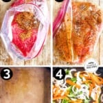 Vertical collage of four numbered images showing the steps for how to make Sheet Pan Steak Fajitas. The text reads, “Sheet Pan Steak Fajitas”