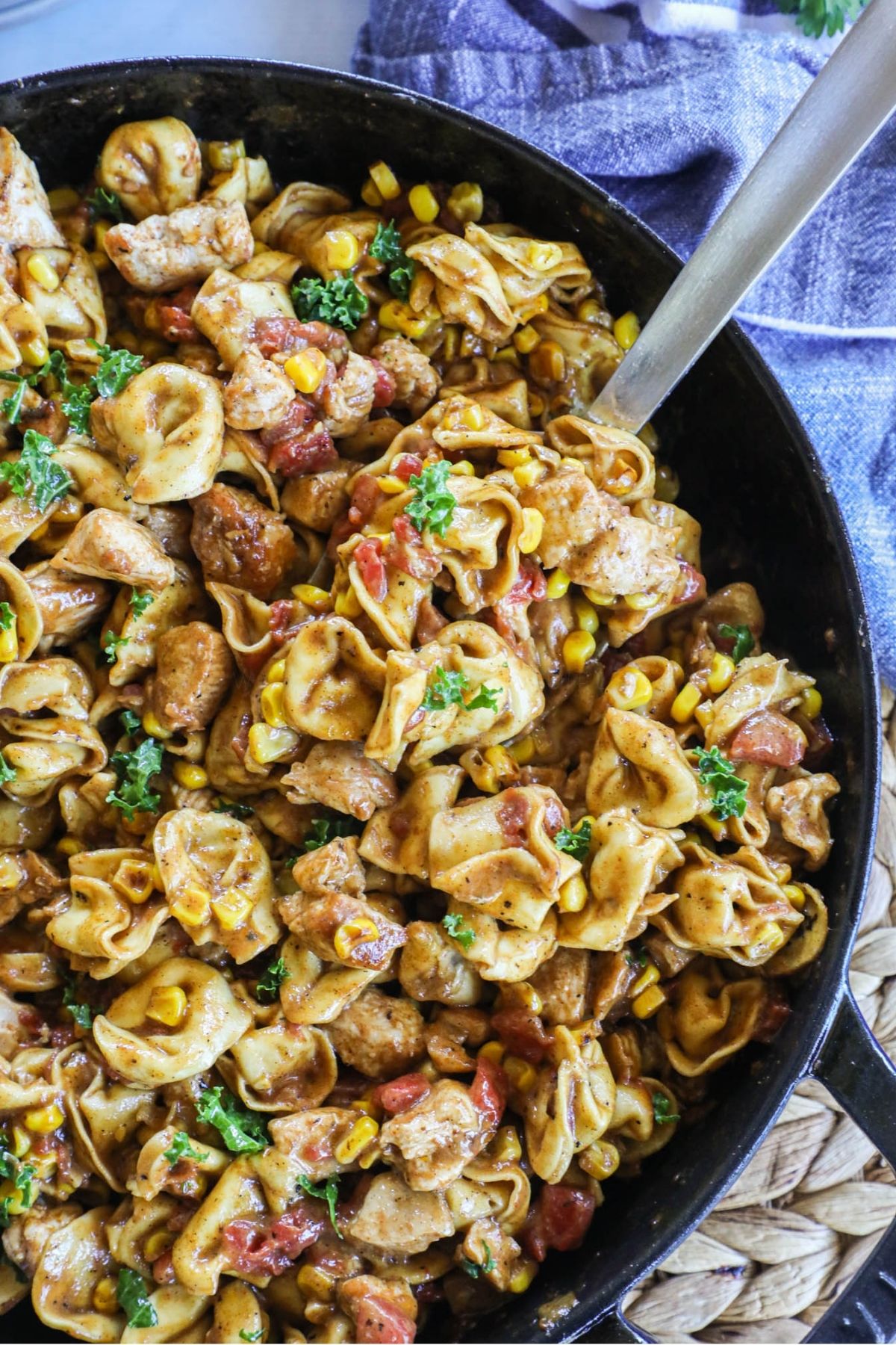 chicken taco tortellini in a skillet