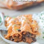 side view of a serving of enchiladas on a plate with rice.
