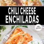 two images for enchiladas, one with enchiladas being served out of a baking dish and the other with two enchiladas on a plate with rice.