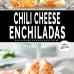 two images of enchiladas, one with unbaked enchiladas from above in a baking dish and the other with finished enchiladas being lifted out of the baking dish.