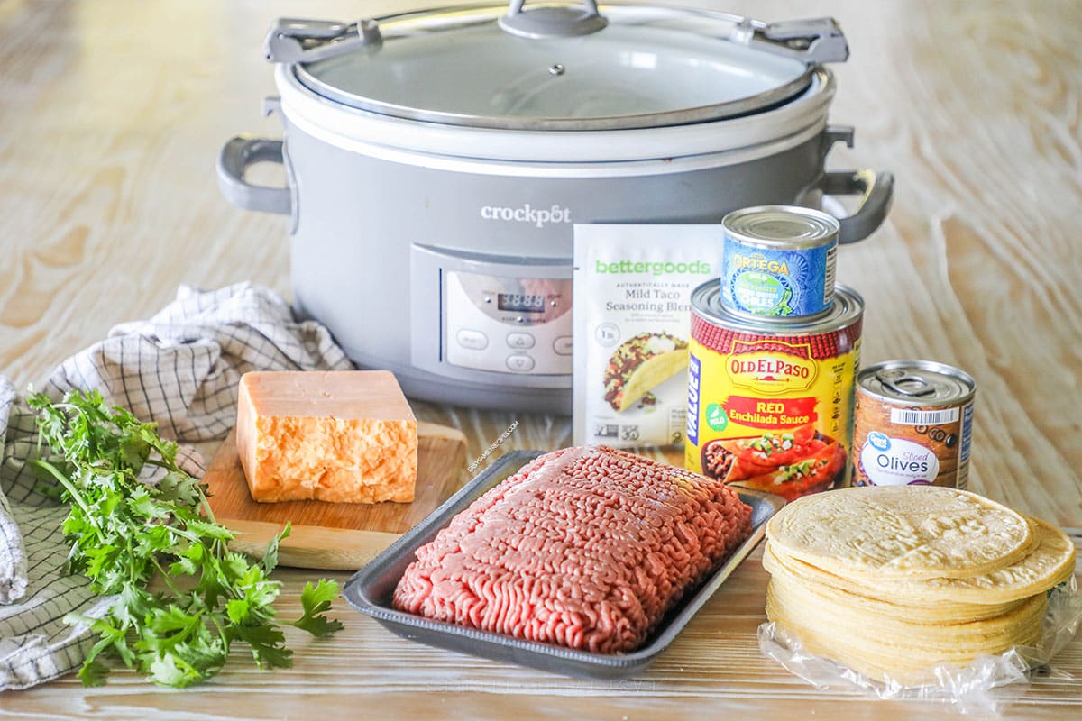 ingredients for beef enchilada casserole.