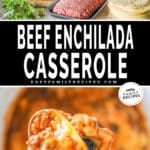 two images of enchilada casserole, one with ingredients needed and the other with a scoop of casserole being taken out of a slow cooker.