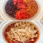 Vertical collage of four images showing the steps for how to make Crockpot Chicken Taco Soup