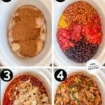 Vertical collage of four numbered images showing the steps for how to make Crockpot Chicken Taco Soup