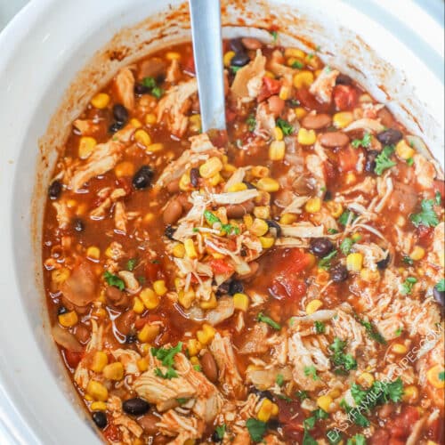Crockpot Chicken Taco Soup in a white Crockpot with a silver serving spoon