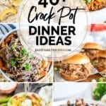 6 photo collage - lemonade chicken in a crockpot, pot roast with potatoes and carrots in a bowl, a bowl of baked potato soup, steak bites over mashed potatoes on a plate, 3. bbq pork sliders, a bowl of chili