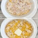 Vertical collage of four images showing the steps for how to make Crockpot Mexican Street Corn Chicken