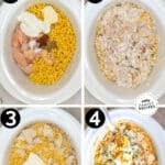 Vertical collage of four numbered images showing the steps for how to make Crockpot Mexican Street Corn Chicken