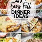 6 photo collage of fall dinner ideas - meatloaf, cowboy caasserole, baked potato soup, beef stroganoff, chicken bacon flatbread, chili