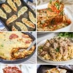 6 photo collage of some easy fall dinner ideas - chicken tenders, stuffed pepper casserole, cowboy casserole, beef stroganoff, sheet pan meatloaf, and chicken bacon flatbread
