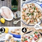 4 images showing the steps of preparing greek chicken bites