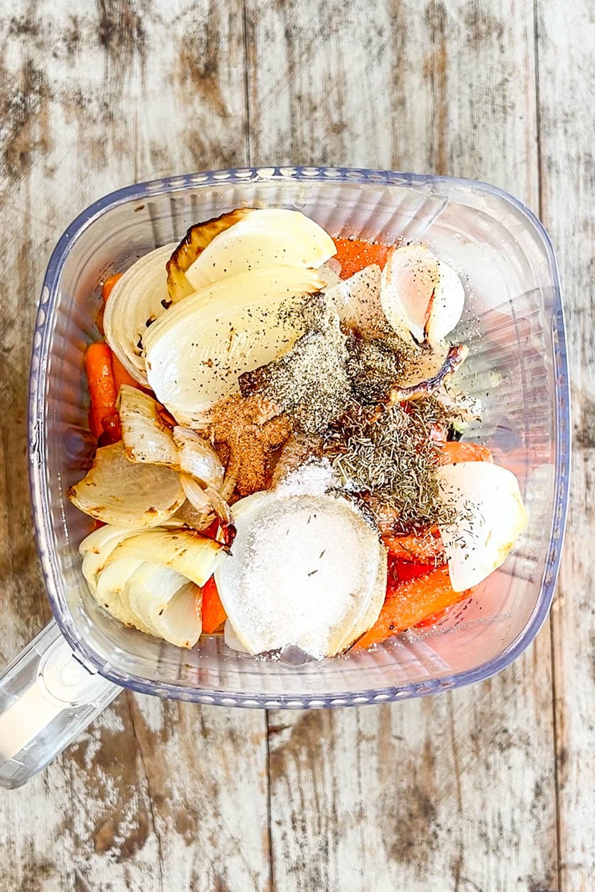 Step 3 for how to make Roasted Veggie Soup: Add seasonings