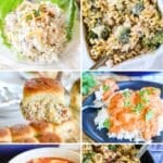 6 photo collage of recipes using leftover chicken - chicken taco tortellini skillet, southwest chicken soup, a scoop of chicken salad on lettuce, chicken bacon ranch sliders, and butter chicken, chicken broccoli alfredo bake