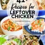 6 photo collage of recipes using leftover chicken - chicken taco tortellini skillet, southwest chicken soup, a scoop of chicken salad on lettuce, chicken bacon ranch sliders, and butter chicken