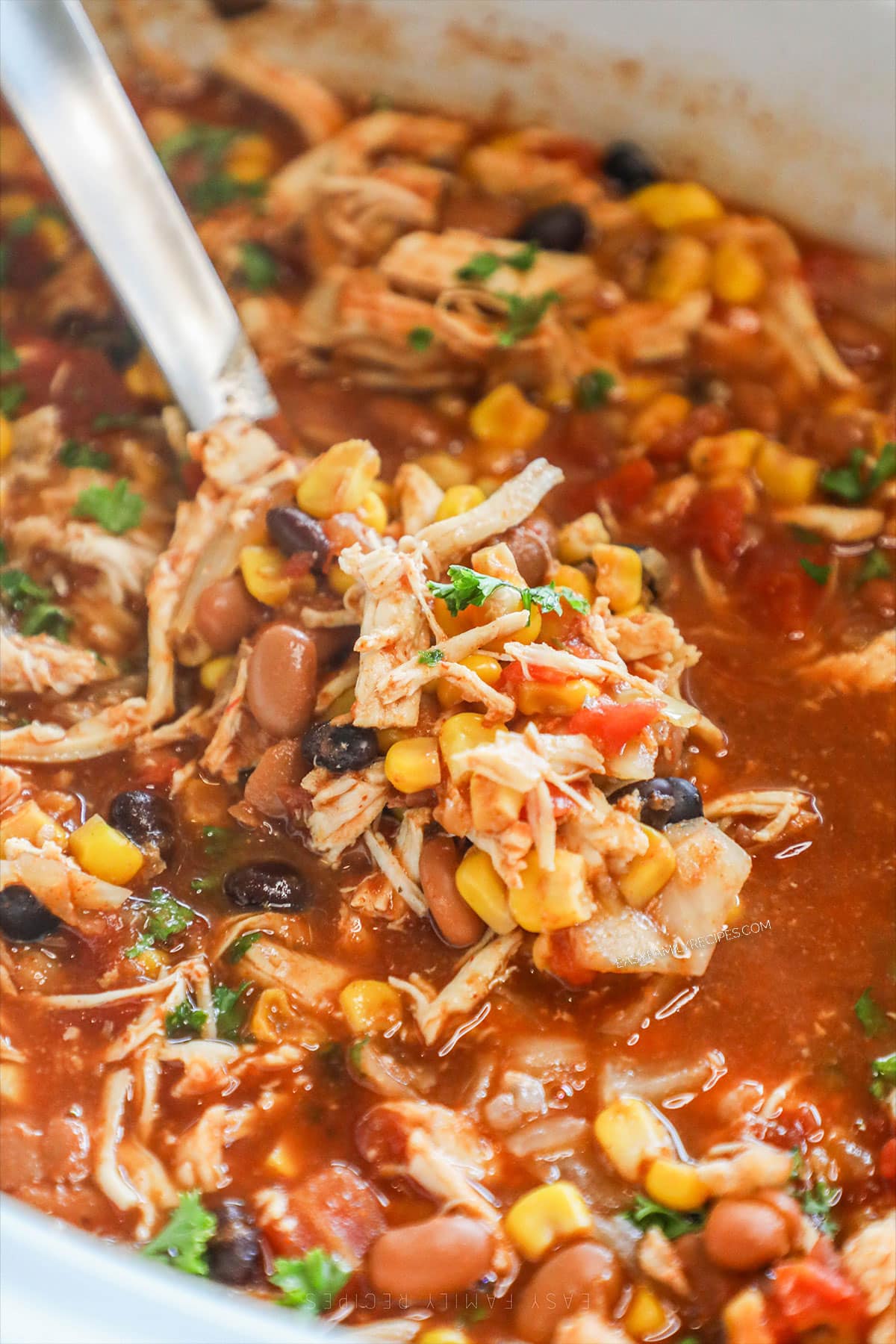 A spoon scoops out a serving of Crockpot Chicken Taco Soup