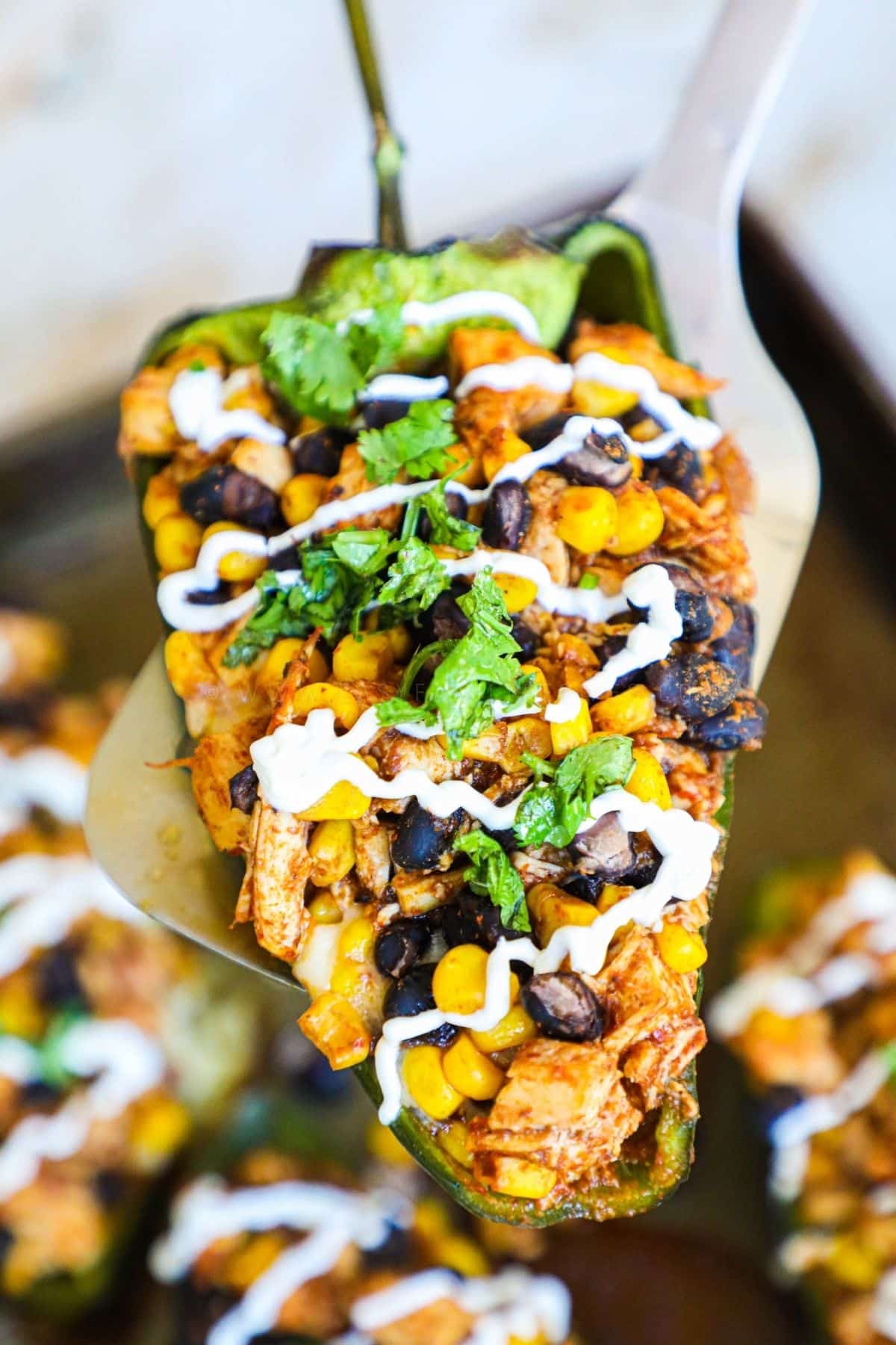 chicken stuffed pobano pepper lifted by spatula from baking sheet