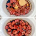 A vertical collage showing the steps for how to make Crockpot Beef and Broccoli