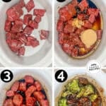 Collage of four numbered images showing the steps for how to make Crockpot Beef and Broccoli