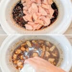 Vertical collage of four images showing the steps for how to make Crockpot Orange Chicken