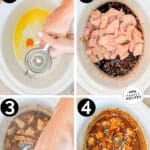 Vertical collage of four numbered images showing the steps for how to make Crockpot Orange Chicken. The text reads, “Crockpot Orange Chicken”