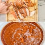 Vertical collage of four images showing the steps for how to make Crockpot Sun Dried Tomato Chicken Alfredo