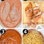 Vertical collage of four numbered images showing the steps for how to make Crockpot Sun Dried Tomato Chicken Alfredo. The text reads, “Crockpot Sun Dried Tomato Chicken Alfredo”