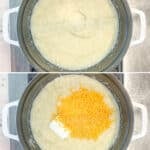 Four photos stacked on top of each other with the steps to make loaded cauliflower soup.