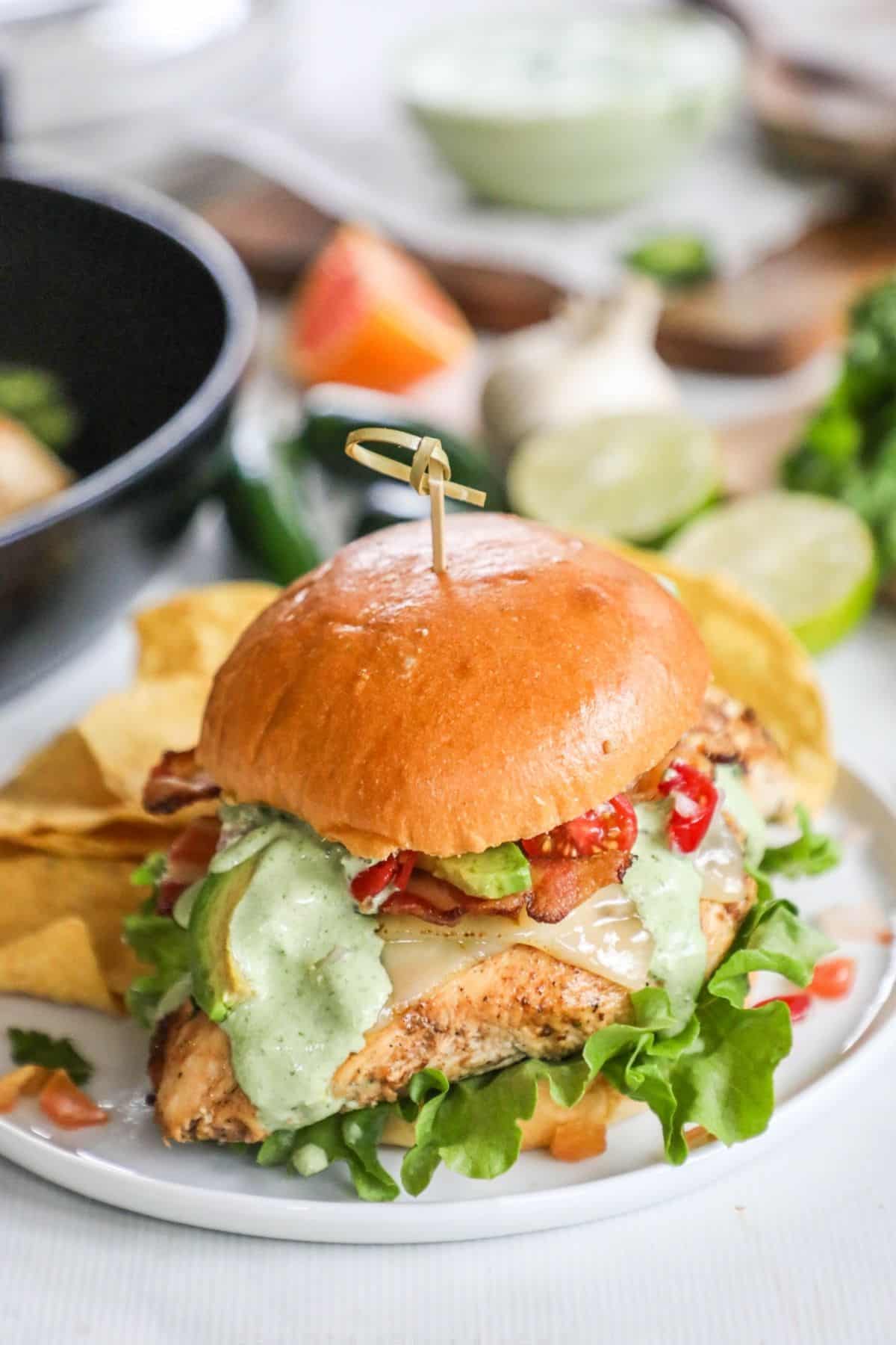 chicken sandwich with bacon, avocado, lettuce on a bun on a white plate
