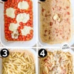 how to make tomato ricotta pasta, 1)add tomato and ricotta to a baking dish with a head of garlic, 2)bake, then stir together, 3)add cooked pasta, 4)mix, garnish, and serve.
