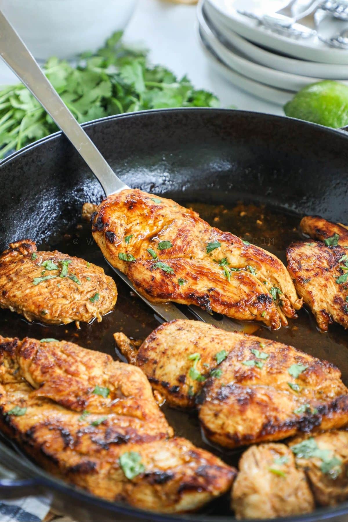 chili ranch chicken breasts in a cast iron skillet