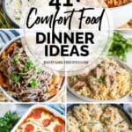 6 photo collage - chicken wild rice soup, sheet pan meatloaf, pot roast with potatoes and carrots, beef stroganoff, pepperonli ravioli lasagna, and cheddar bay biscuit pot pie