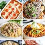 6 photo collage - chili in a bowl, sheet pan meatloaf, pot roast with potatoes and carrots, beef stroganoff, pepperonli ravioli lasagna, and cheddar bay biscuit pot pie