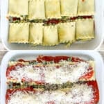 Four step by step photos in a line of how to make creamy spinach chicken lasagna roll ups.