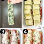 Four step by step photos with two each side by side of how to make spinach chicken lasagna roll ups.