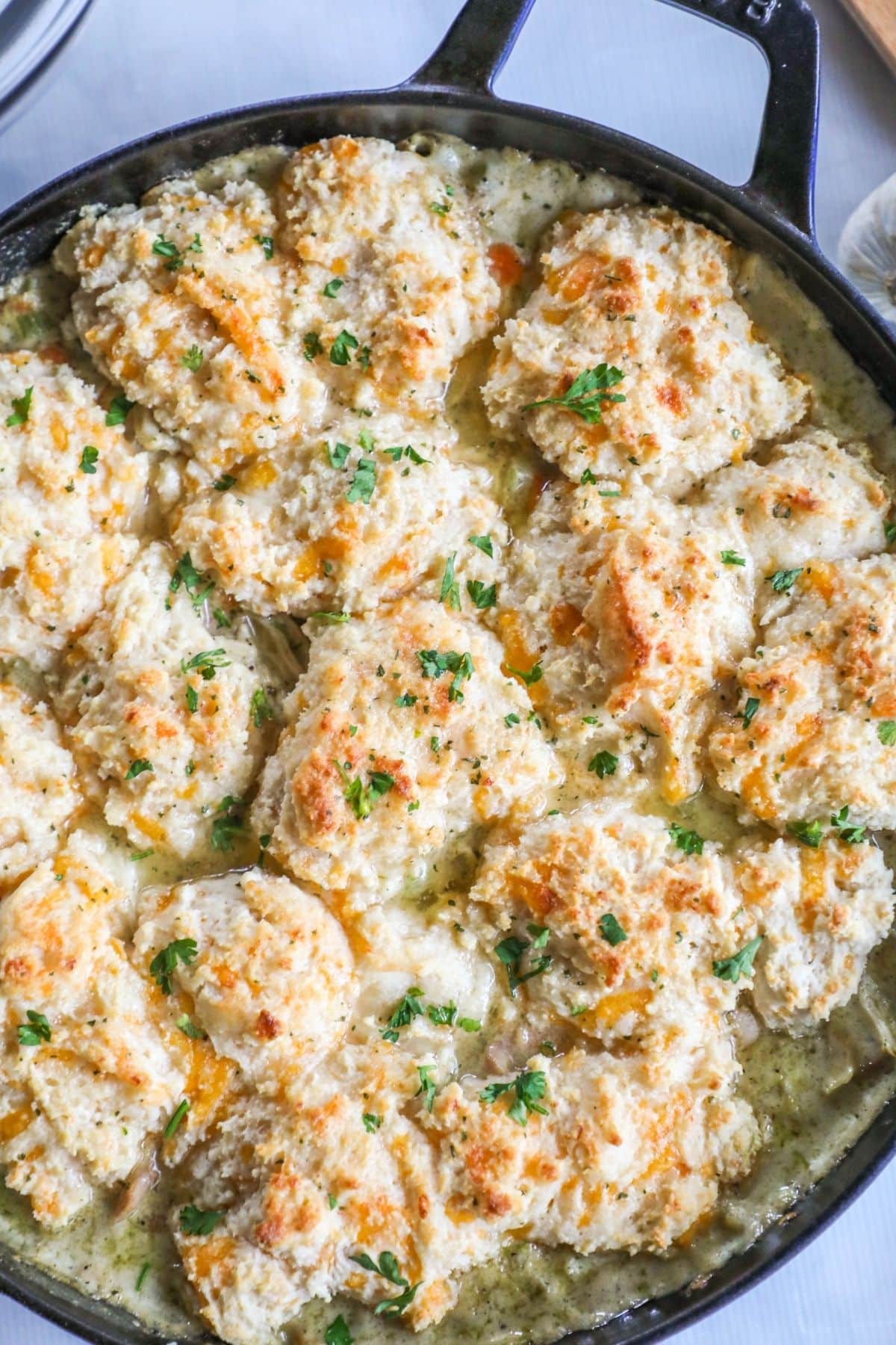 cheddar bay biscuit chicken pot pie in a skillet