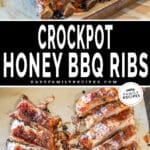 two images for honey bbq ribs, one with a closeup of ribs on a cutting board and the other of sliced ribs on a serving platter.