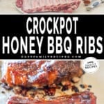 two images for slow cooker ribs, one of ingredients needed in front of a crockpot and the other with finished ribs on a serving plate.