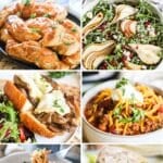 6 photo collage - ground beef quesadillas on a plate, a bowl of chili, arugula pear salad, buffalo chicken tenders on a plate, bowl of chicken ramen soup, steak and mushroom sandwich