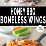 One photo of the ingredients needed to make honey BBQ chicken wings and another photo of the finished wings served.