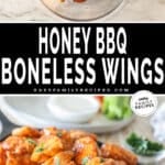 One photo of coating the boneless wings in a mixing bowl and another photo below it of chicken wings served on a serving platter.