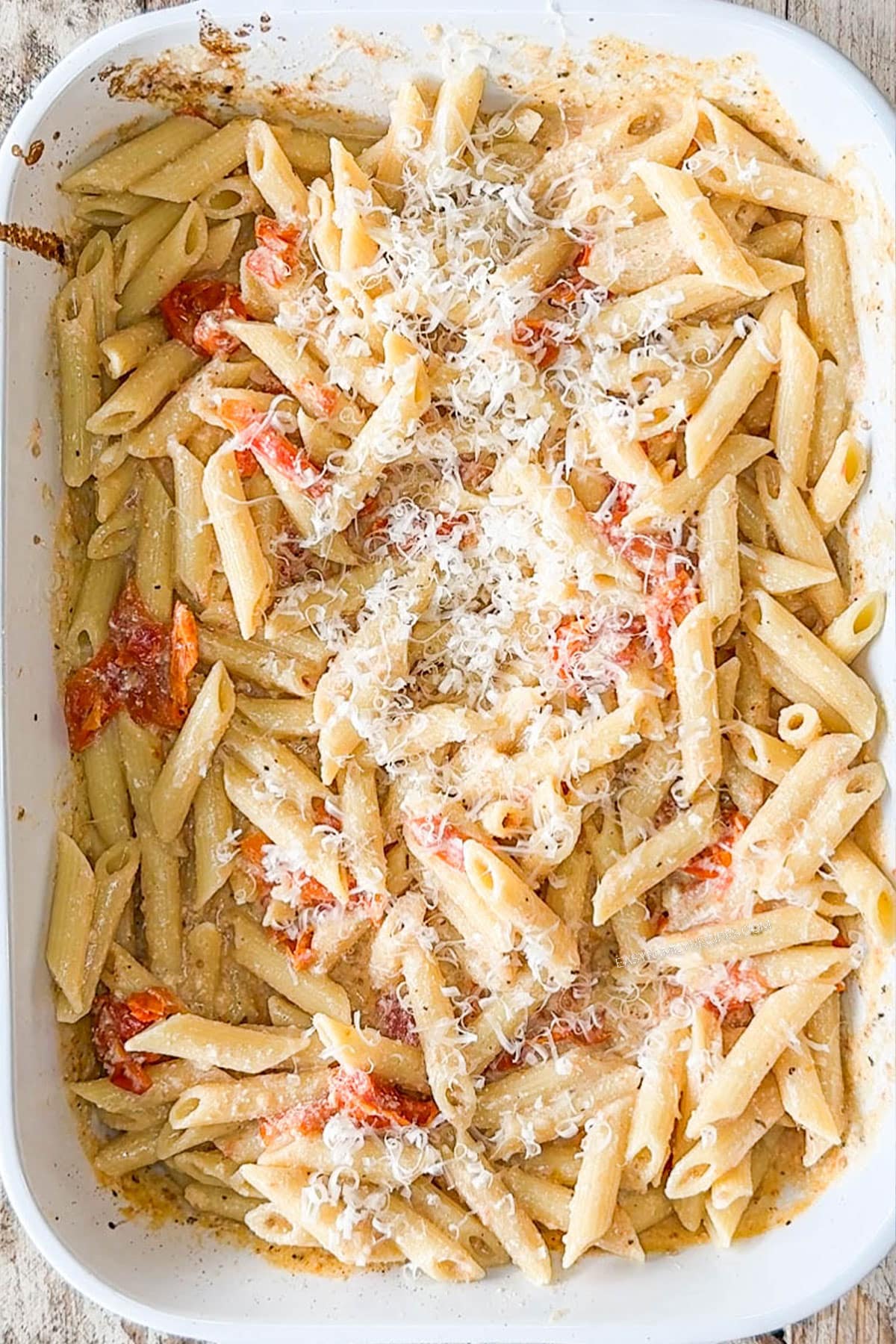 finished tomato and ricotta pasta in a baking dish.