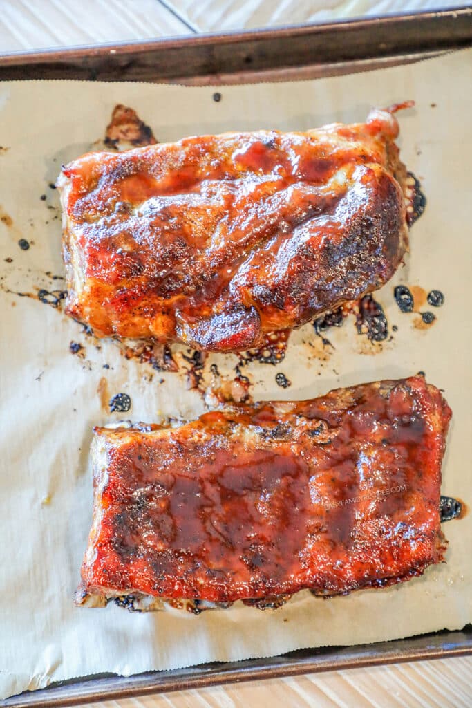two honey bbq ribs from above.
