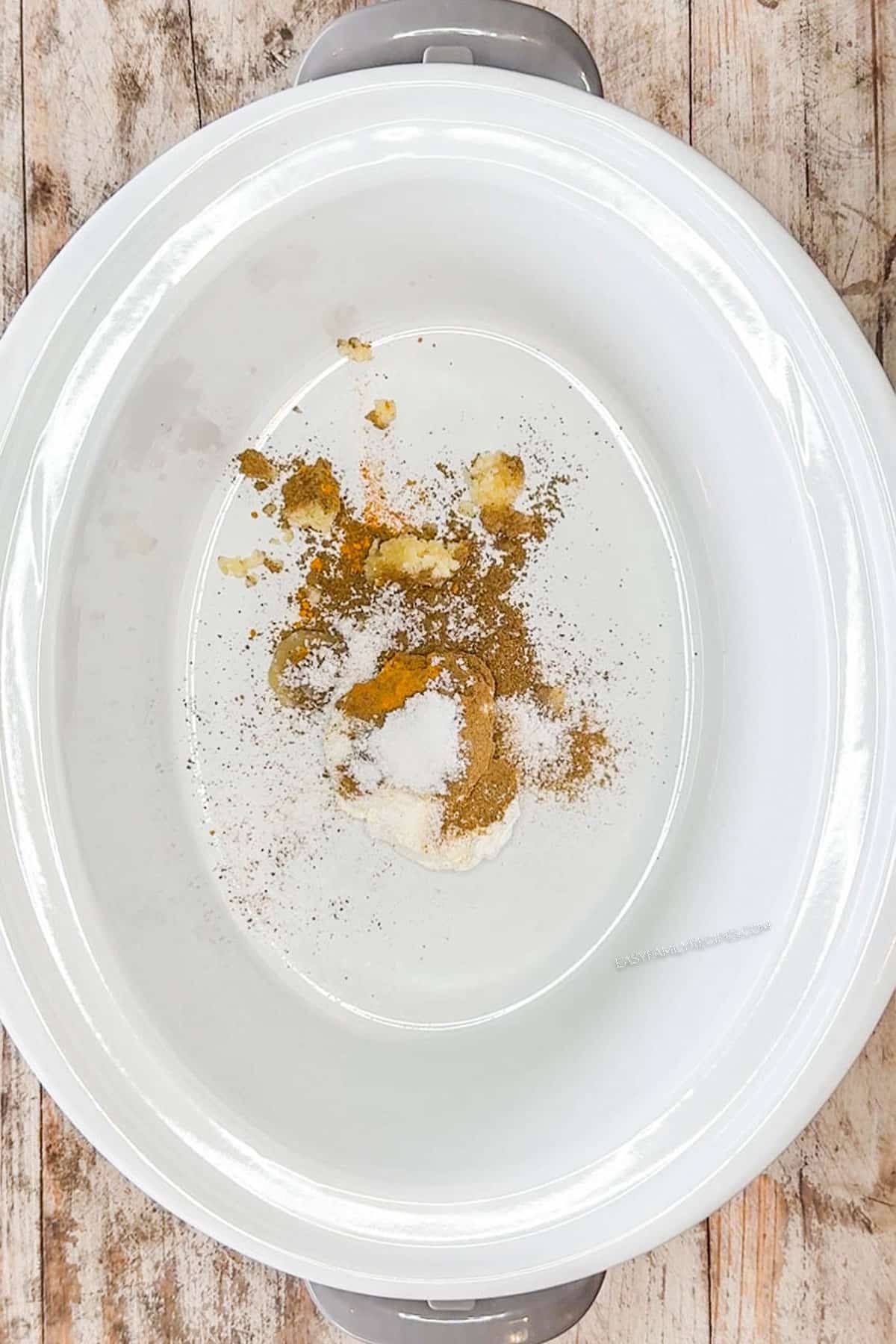 Spices in the bottom of a white crockpot.