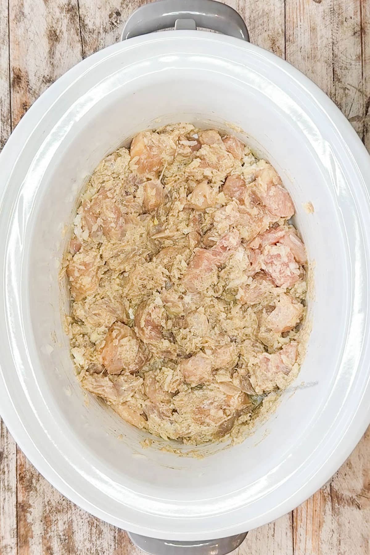Chicken and onions mixed with the Greek yogurt and spices in a slow cooker.