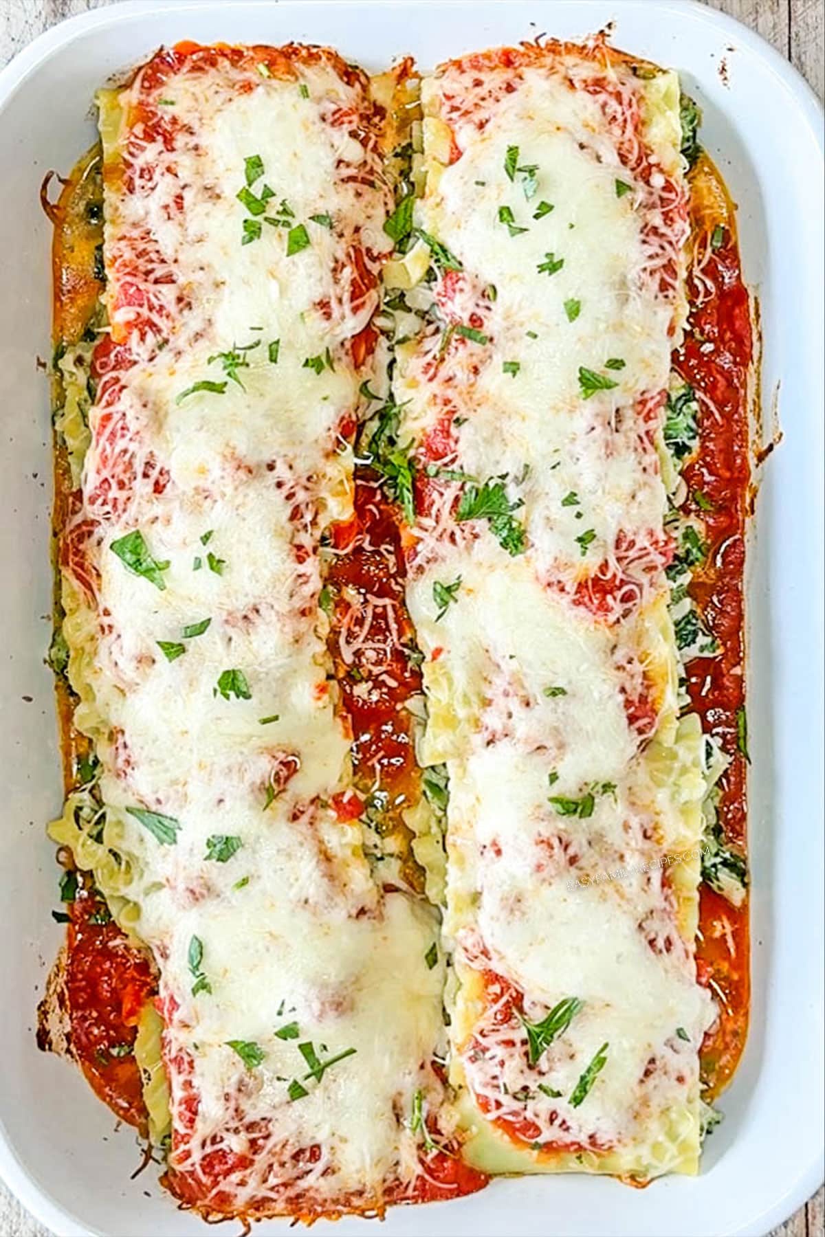 Baked creamy spinach chicken lasagna roll ups in a white baking dish.
