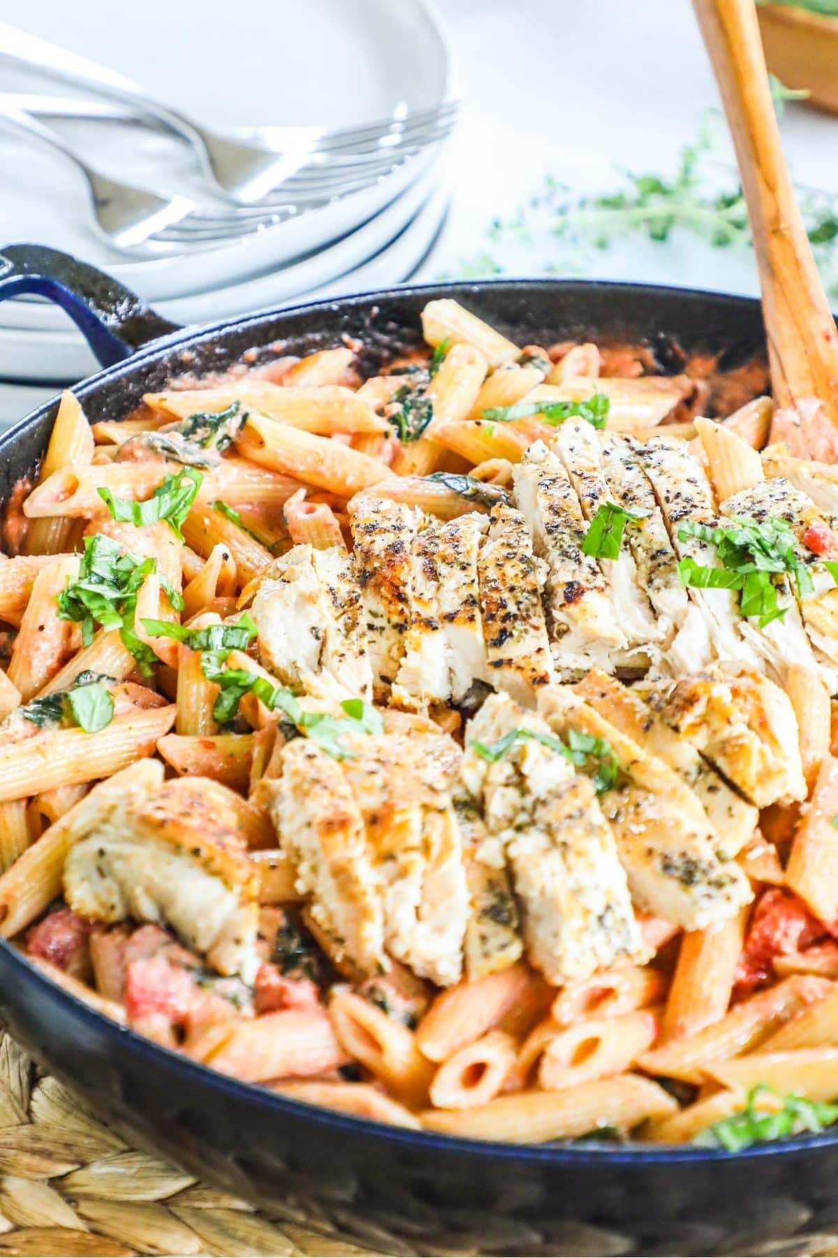 Italian chicken pasta in a skillet