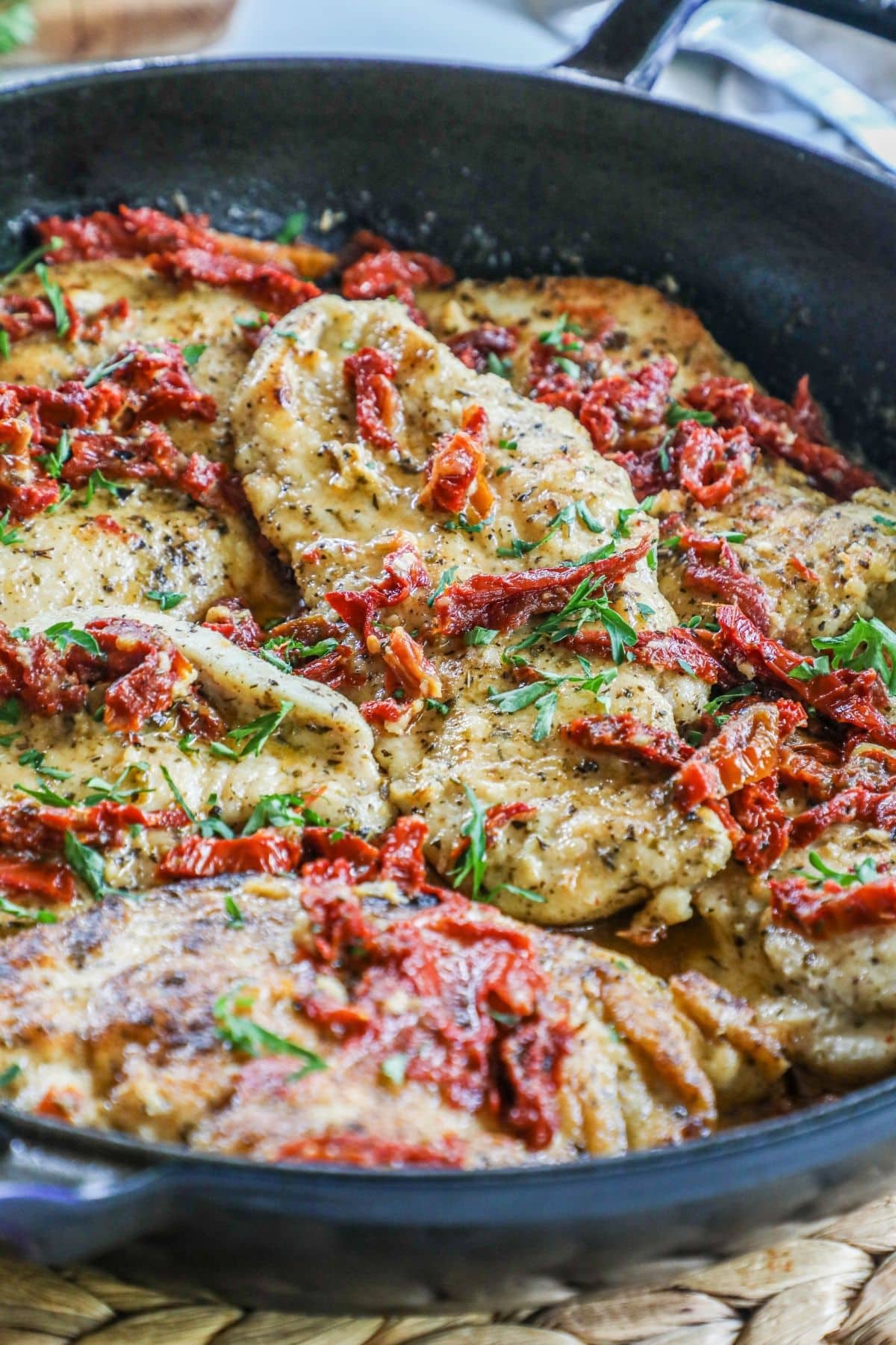 marry me chicken with sun dried tomatoes in a skillet