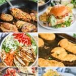 6 Photo collage - chili ranch skillet, baja chicken sandwich, shake and bake chicken, million dollar chicken bake, italian baked chicken, blackened chicken salad