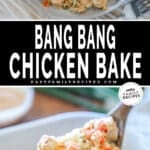 One photo of bang bang chicken and rice served on a plate and another photo of it on a wooden spoon.